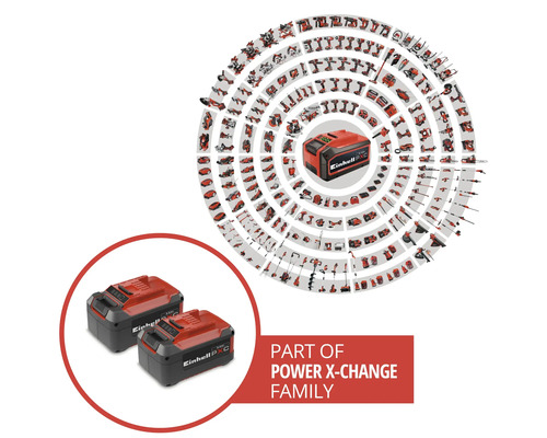 Zwei Einhell Power X-Change Akkus und eine Auswahl kompatibler Werkzeuge und Gartengeräte aus dem Power X-Change System.