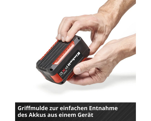 Einhell Power X-Change Akku mit Griffmulde für eine einfache Entnahme aus dem Gerät.