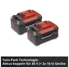 Zwei Einhell Power X-Change Akkus mit 5,2 Amperestunden für 36 Volt Geräte durch Koppelung von zwei 18 Volt Akkus.
