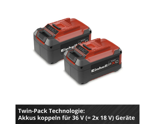 Zwei Einhell Power X-Change Akkus mit 5,2 Amperestunden für 36 Volt Geräte durch Koppelung von zwei 18 Volt Akkus.