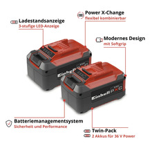 Einhell Power X-Change Twin-Pack mit zwei 5,2 Ah Akkus, dreistufiger LED-Ladestandsanzeige, Softgrip und Batteriemanagementsystem für 36 Volt Power.