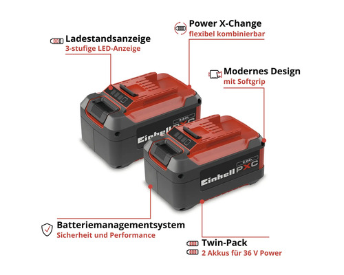 Einhell Power X-Change Twin-Pack mit zwei 5,2 Ah Akkus, dreistufiger LED-Ladestandsanzeige, Softgrip und Batteriemanagementsystem für 36 Volt Power.