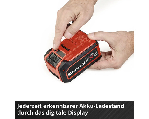 Einhell PXC Akku mit digitaler Ladestandsanzeige zur Kontrolle der Kapazität.