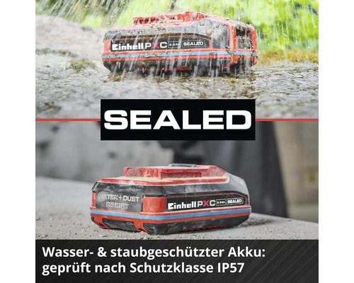 Einhell Akku geschützt gegen Wasser und Staub gemäß Schutzklasse IP57