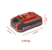 Einhell Akku mit den Abmessungen 13,2 mal 8,5 mal 5 Zentimetern und einem Gewicht von 0,58 Kilogramm