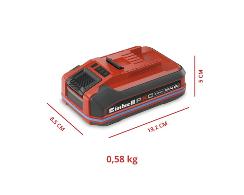 Einhell Akku mit den Abmessungen 13,2 mal 8,5 mal 5 Zentimetern und einem Gewicht von 0,58 Kilogramm