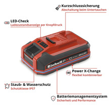 Einhell Akku Power X-Change mit Funktionsgrafik, zeigt Batteriemanagementsystem, LED Ladezustandsanzeige und Schutz vor Staub und Wasser.