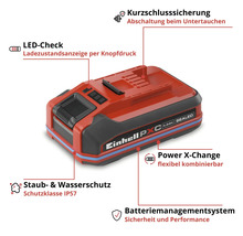 Einhell Akku Power X Change mit Schutzart IP57, LED-Ladezustandsanzeige und Batteriemanagementsystem.