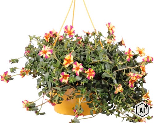Hängeampel mit Portulakröschen, gelb-rosa gestreifte Blüten und grüne Blätter. (Image AI modified or generated)