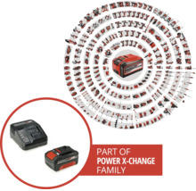 Einhell Power X-Change Akku und Ladegerät Set vor einer Übersicht zahlreicher kompatibler Elektrowerkzeuge und Gartengeräte.