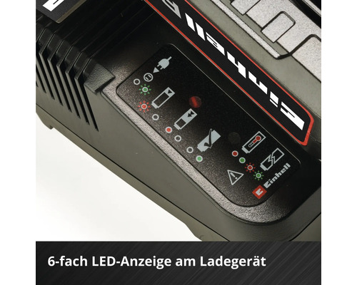 Einhell Akku-Ladegerät mit 6-stufiger LED-Statusanzeige und Symbolen für Ladefortschritt und Fehlermeldungen. Einhell Logo.