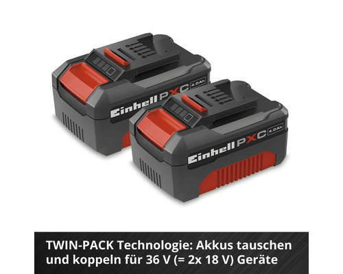 Einhell Power X-Change Twin-Pack mit zwei 4,0 Amperestunden Akkus für 36 Volt Geräte.