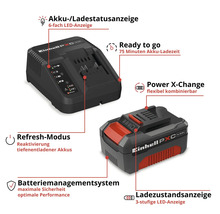 Einhell Power X-Change Set mit Ladegerät und 4,0 Amperestunden Akku, LED-Statusanzeige, Refresh-Modus und Batteriemanagementsystem.