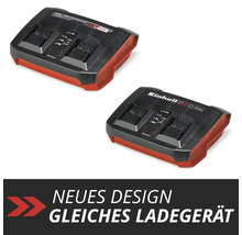 Einhell Power X-Change Twincharger 3 Ampere Ladegerät in zwei Designvarianten mit dem Text Neues Design, gleiches Ladegerät.