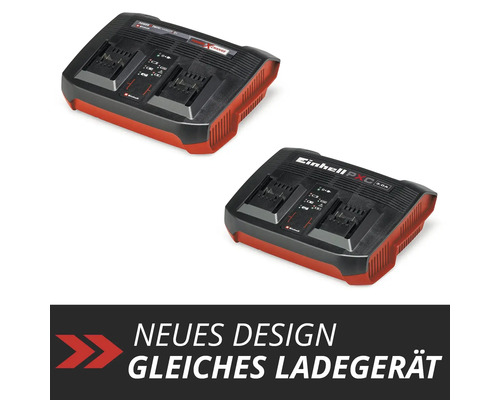 Einhell Power X-Change Twincharger 3 Ampere Ladegerät in zwei Designvarianten mit dem Text Neues Design, gleiches Ladegerät.