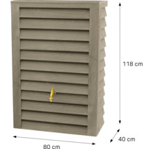 Wand-Regenspeicher in Holzoptik mit Zapfhahn, Breite 80 Zentimeter, Höhe 118 Zentimeter, Tiefe 40 Zentimeter.