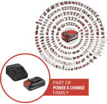 Übersicht der Einhell Power X-Change Produktfamilie mit vielen kompatiblen Akku-Werkzeugen, Gartengeräten, Akku und Ladegerät.