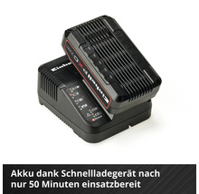 Einhell Schnellladegerät mit Power X-Change Akku, Ladezeit circa 50 Minuten.