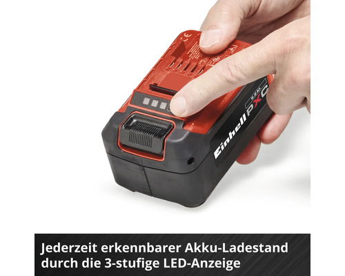 Einhell Power X-Change Akku mit dreistufiger LED-Ladestandsanzeige, die per Knopfdruck aktiviert wird.
