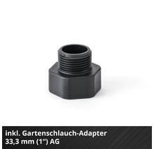 Gartenschlauch-Adapter aus schwarzem Kunststoff mit 33,3 Millimeter (1 Zoll) Außengewinde.