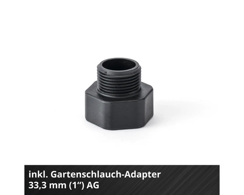 Gartenschlauch-Adapter aus schwarzem Kunststoff mit 33,3 Millimeter (1 Zoll) Außengewinde.