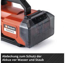 Einhell Aquinna Akku-Gartenpumpe mit Einhell Logo und transparenter Schutzabdeckung für die Akkus gegen Wasser und Staub.