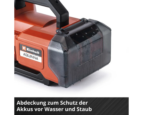Einhell Aquinna Akku-Gartenpumpe mit Einhell Logo und transparenter Schutzabdeckung für die Akkus gegen Wasser und Staub.
