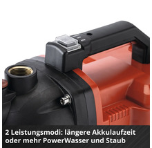 Detailaufnahme einer Akku-Gartenpumpe mit Umschalter für zwei Leistungsmodi, Eco und Boost.