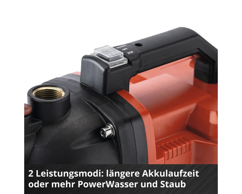 Detailaufnahme einer Akku-Gartenpumpe mit Umschalter für zwei Leistungsmodi, Eco und Boost.