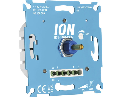 ION 1 bis 10 Volt Drehdimmer Steuermodul fuer Beleuchtung mit Schraubanschluss und Kennzeichnungen fuer die elektrische Installation