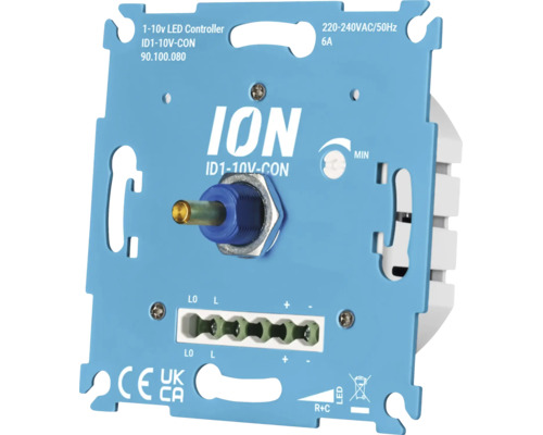 ION 1 bis 10 Volt LED Controller Drehdimmer für Unterputzmontage mit Anschlussklemmen und CE sowie UKCA Kennzeichnung.