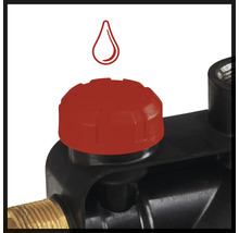 Detailansicht einer Wasserpumpe mit Befüllschraube und Wassertropfen-Symbol.