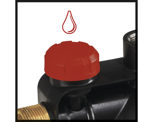 Detailansicht einer Wasserpumpe mit Befüllschraube und Wassertropfen-Symbol.
