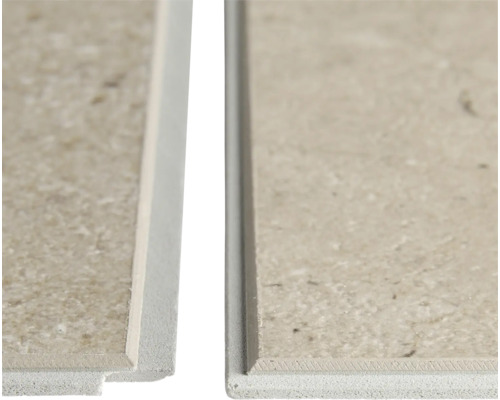 Detailaufnahme der Klick-Verbindung von Klick-Vinyl oder SPC-Bodenfliesen in Steinoptik