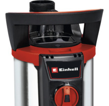 Detailansicht des oberen Teils einer Einhell Pumpe mit Tragegriff, Gewindeanschluss, Drehschalter und Einhell Logo.