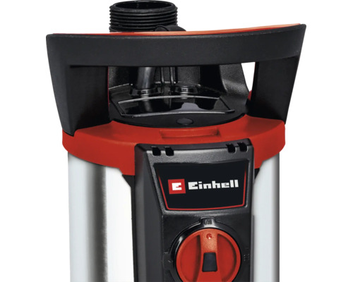 Detailansicht des oberen Teils einer Einhell Pumpe mit Tragegriff, Gewindeanschluss, Drehschalter und Einhell Logo.