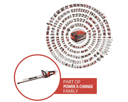 Einhell Heckenschere als Teil der Power X-Change Akku-Familie mit einer Vielzahl kompatibler Werkzeuge und Gartengeräte.