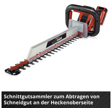 Einhell Heckenschere mit montiertem Schnittgutsammler zum Abtragen von Schneidgut an der Heckenoberseite.