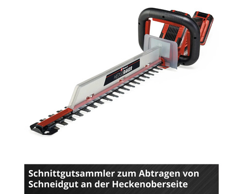 Einhell Heckenschere mit montiertem Schnittgutsammler zum Abtragen von Schneidgut an der Heckenoberseite.
