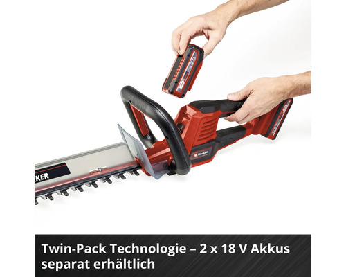 Einhell Akku-Heckenschere mit Twin-Pack-Technologie für zwei 18 Volt Akkus, die separat erhältlich sind.