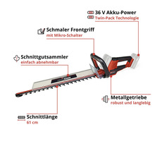 Einhell Akku-Heckenschere: 36 Volt Akku-Power, schmaler Frontgriff, abnehmbarer Schnittgutsammler, 61 Zentimeter Schnittlänge, Metallgetriebe.