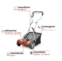 Einhell Akku Handrasenmäher: Rasenfläche bis 400 Quadratmeter, Schnittbreite 38 Zentimeter, Schnitthöhe 14 bis 38 Millimeter, Grasfangkorb 45 Liter.