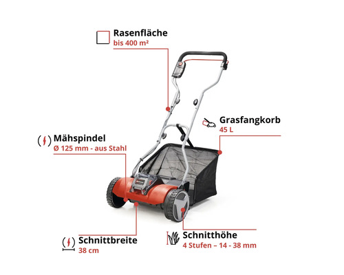 Einhell Akku Handrasenmäher: Rasenfläche bis 400 Quadratmeter, Schnittbreite 38 Zentimeter, Schnitthöhe 14 bis 38 Millimeter, Grasfangkorb 45 Liter.