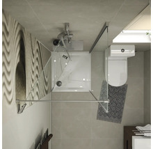 Vogelperspektive eines modernen Badezimmers mit quadratischer Duschkabine aus Glas, Duschwanne, Wandarmatur, Toilette und Fliesenboden.