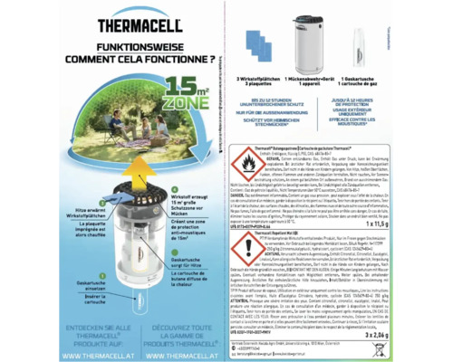 Infografik zur Funktionsweise eines Thermacell Mückenabwehrgeräts für eine Schutzzone von 15 Quadratmetern im Außenbereich mit Sicherheitshinweisen.