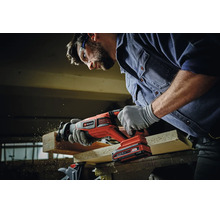 Handwerker mit Schutzbrille nutzt eine Einhell Akku Reciprosäge zum Schneiden eines Holzbretts in der Werkstatt.