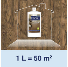 Bona Parkett Polish matt 1 Liter Flasche vor Holzboden Hintergrund mit Symbolik zur Reichweite von 50 Quadratmetern.