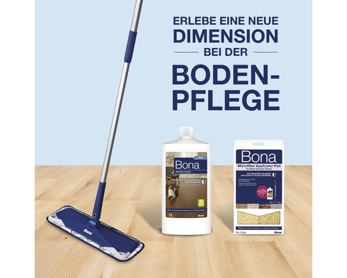 Bona Bodenpflege Set bestehend aus Mopp, Parkett Politur in einer Ein Liter Flasche und einem Mikrofasertuch für Holzböden.