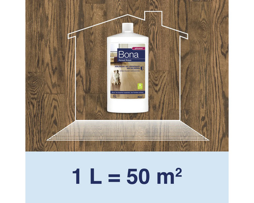 Bona Parkett Politur in einer 1 Liter Flasche fuer glänzende Holzböden mit einer Reichweite von 50 Quadratmetern.