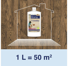 Bona Refresher für geölte Holzböden in der 1 Liter Flasche mit Angabe der Ergiebigkeit von 50 Quadratmetern.